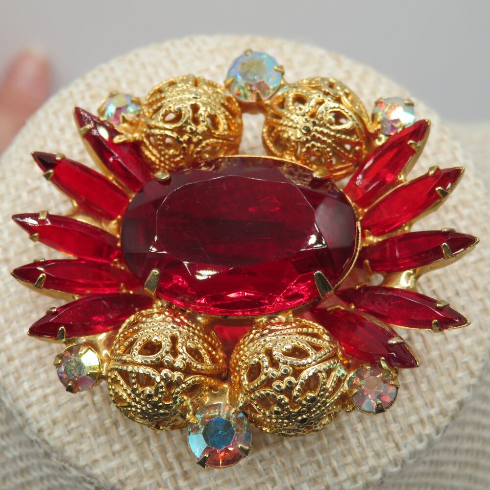 Juliana Red Rhinestone Gold Tone Filigree Brooch